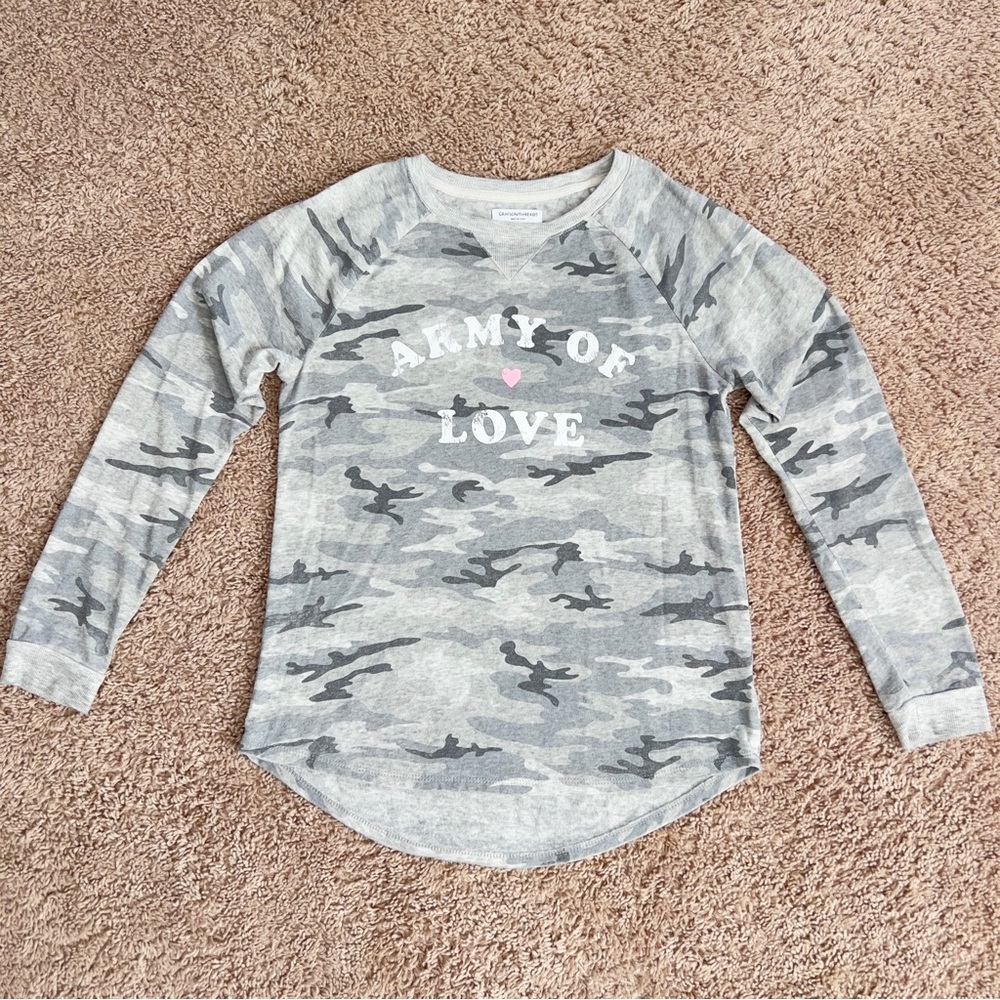 Grayson Threads Gray Camo 'Army of Love' Long Sleeve Tee Women’s Size Small